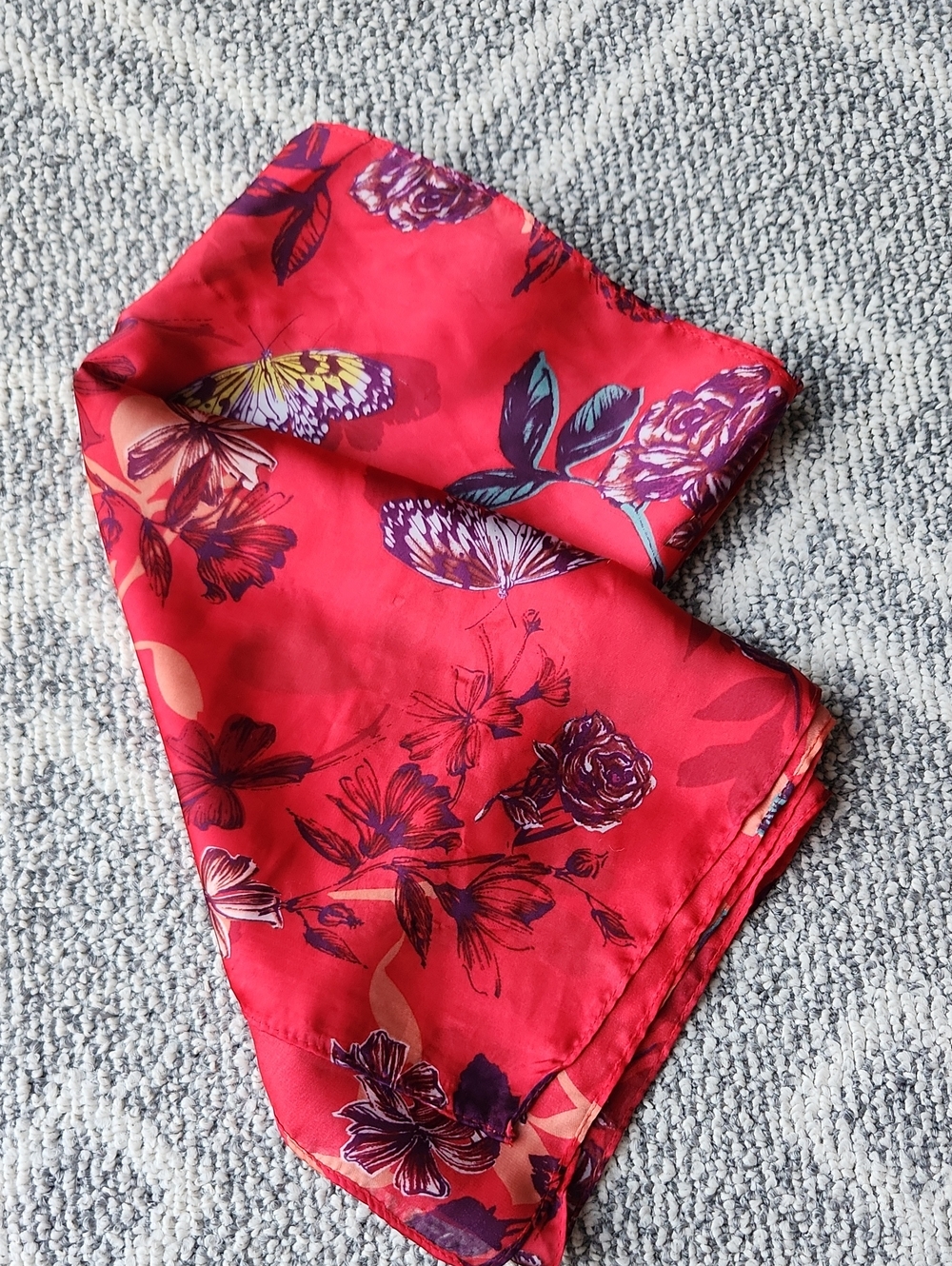 Obey Red Floral Print Scarf with Purple Accents